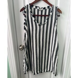 Umgee Linen Cotton Blend Dress Black & White Striped Fringe Hem Pockets‎ Size L